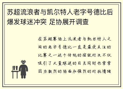 苏超流浪者与凯尔特人老字号德比后爆发球迷冲突 足协展开调查 苏超流浪者与凯尔特人老字号德比后爆发球迷冲突 足协展开调查